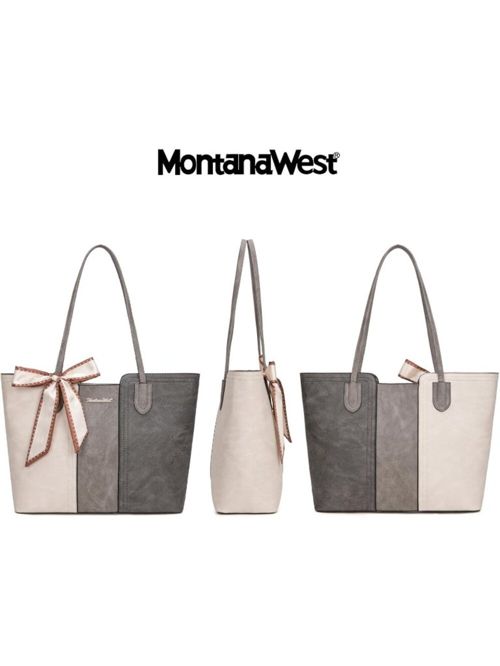 Montana West Women's Beige Grey Vegan Leather Top Zipper Handle Satchel Purses - Picture 4 of 6